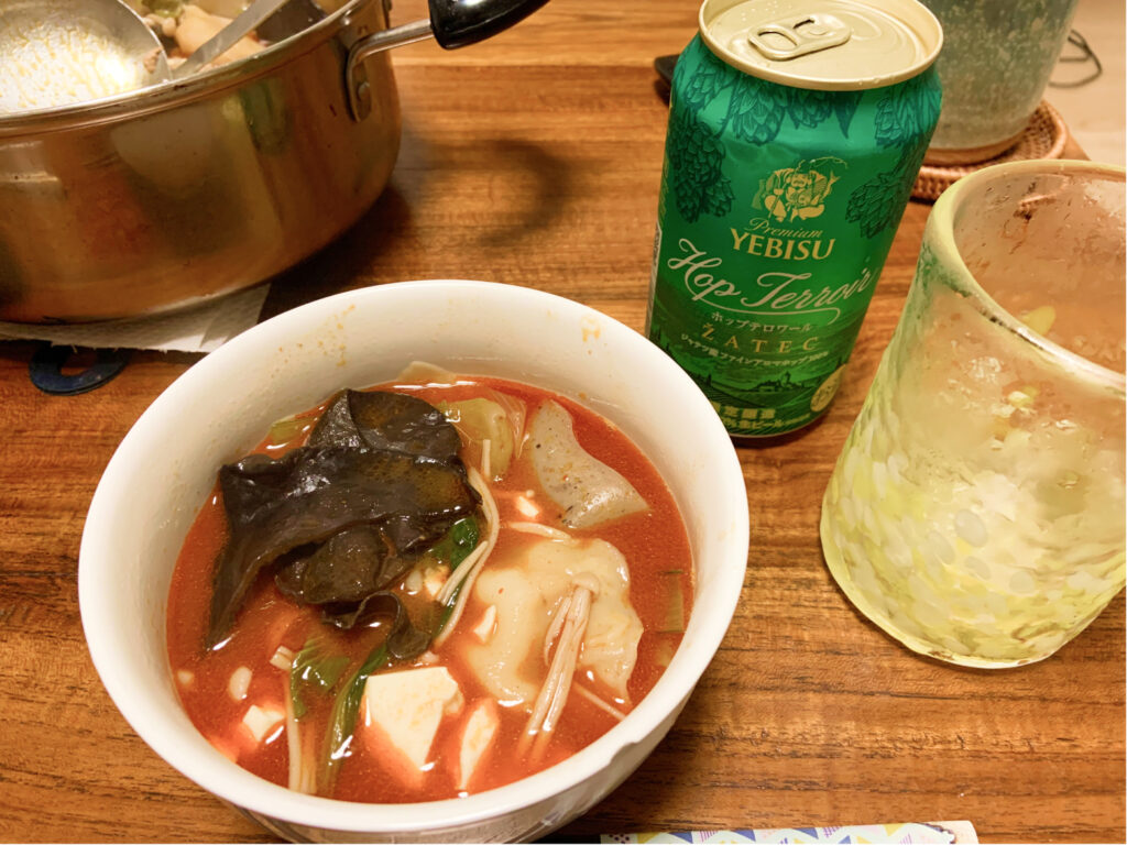 火鍋の素ストレートタイプ(完成)とビール